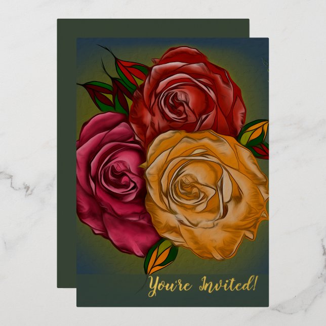 Elegant Customizable Warm Painted Roses Foil Invitation (Front/Back)