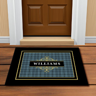 Elegant Customizable Windowpane Plaid Gold Emblem Doormat