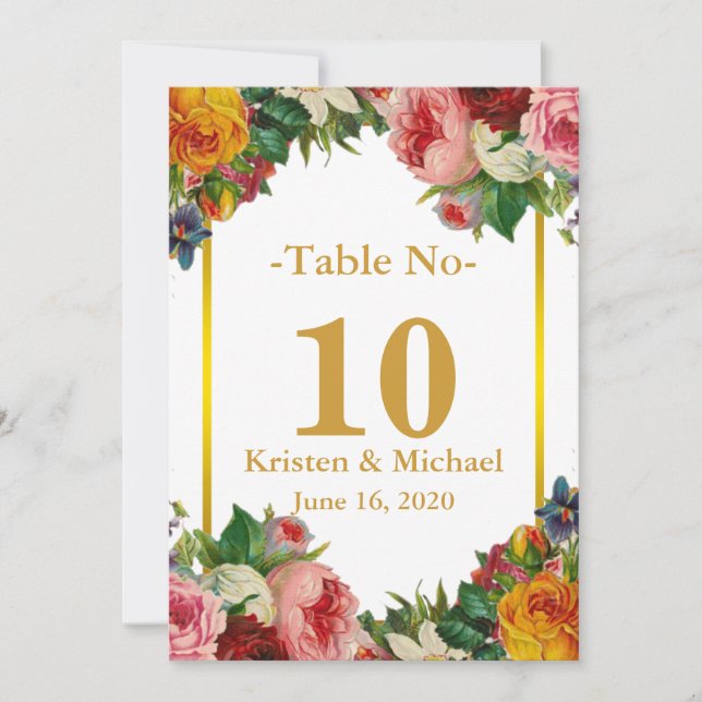 Elegant Customize Floral Gold Wedding Table Number (Front)