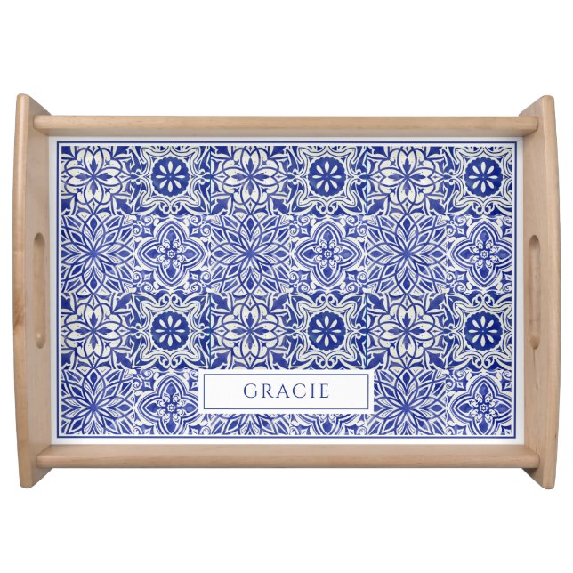 Elegant Customized Blue White Laminated Serving Tray (Front)