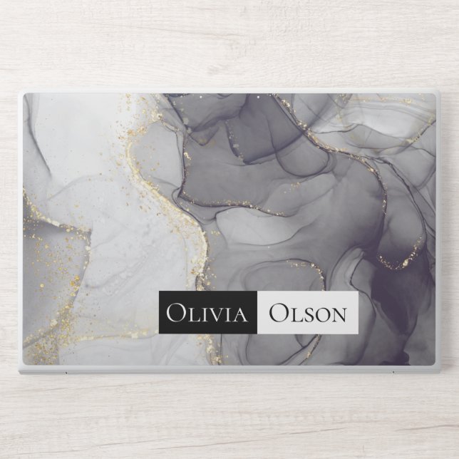 Elegant customized white black and gold marble HP laptop skin (Front)