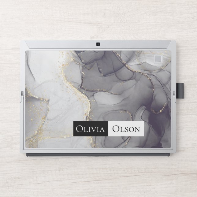 Elegant customized white black and gold marble HP laptop skin (Front)