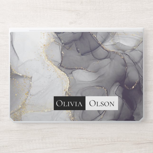 Elegant customized white black and gold marble HP laptop skin (Front)