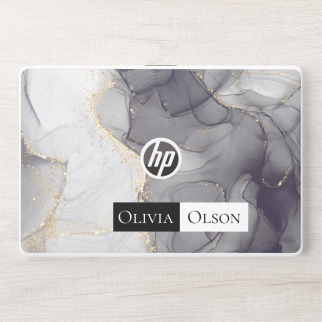 Elegant customized white black and gold marble HP laptop skin (Front)