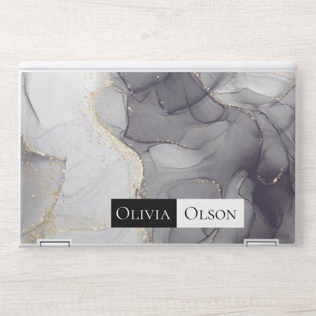 Elegant customized white black and gold marble HP laptop skin (Front)