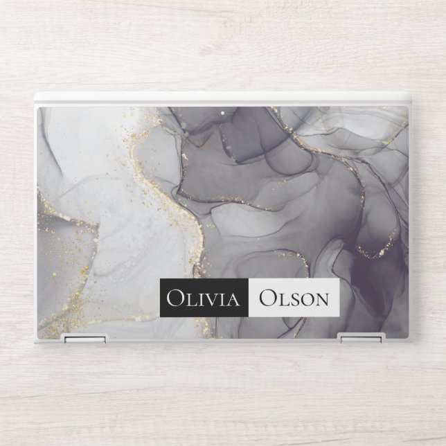 Elegant customized white black and gold marble HP laptop skin (Front)