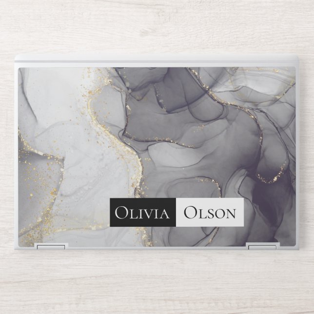 Elegant customized white black and gold marble HP laptop skin (Front)