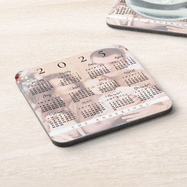 Elegant Cute 2025 Calendar Family Photo Name Beverage Coaster (Left Side)