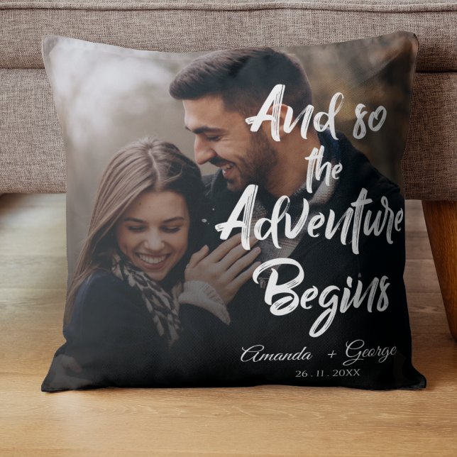 Elegant Cute ADVENTURE BEGINS Quote Photo Wedding Throw Pillow (Elegant Cute ADVENTURE BEGINS Quote Photo Wedding Throw Pillow)