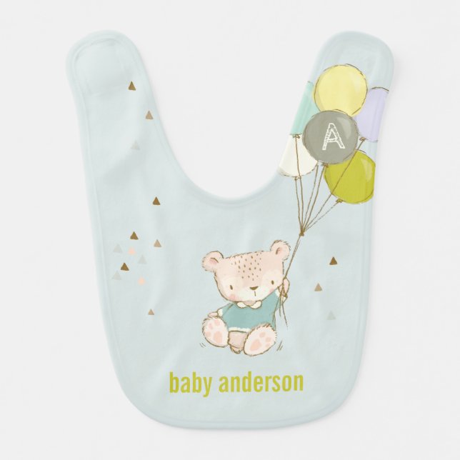 Elegant Cute Aqua Bear Balloon Boys Monogram Baby Bib (Front)