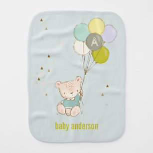 Elegant Cute Aqua Bear Balloon Boys Monogram Baby Burp Cloth