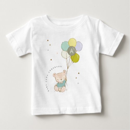 Elegant Cute Aqua Bear Balloon Boys Monogram Baby T_Shirt