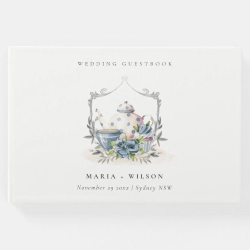 Elegant Cute Aqua Blue Floral Teapot Crest Wedding Guest Book