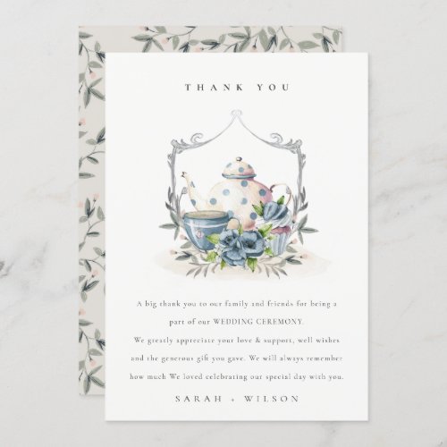 Elegant Cute Aqua Blue Floral Teapot Crest Wedding Thank You Card