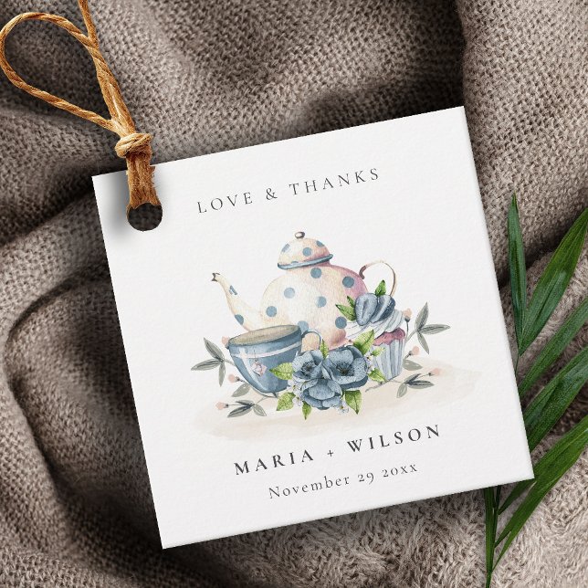 Elegant Cute Aqua Blue Floral Teapot Cup Wedding Favor Tags (Creator Uploaded)