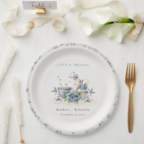 Elegant Cute Aqua Blue Floral Teapot Cup Wedding Paper Plates