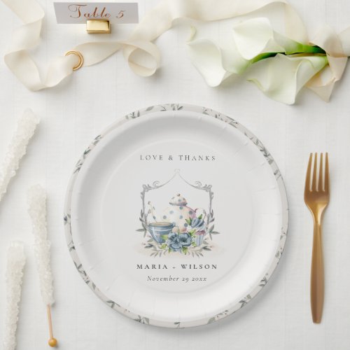 Elegant Cute Aqua Blue floral Teapot Cup Wedding Paper Plates