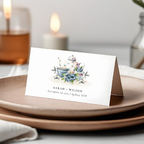 Elegant Cute Aqua Blue floral Teapot Cup Wedding Place Card