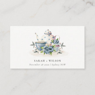 Elegant Cute Aqua Blue floral Teapot Cup Wedding Place Card