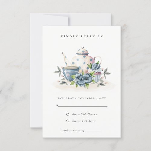 Elegant Cute Aqua Blue Floral Teapot Cup Wedding RSVP Card