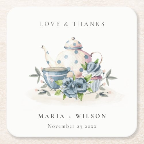 Elegant Cute Aqua Blue Floral Teapot Cup Wedding Square Paper Coaster