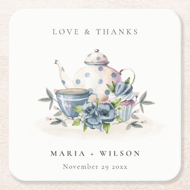 Elegant Cute Aqua Blue Floral Teapot Cup Wedding Square Paper Coaster (Front)
