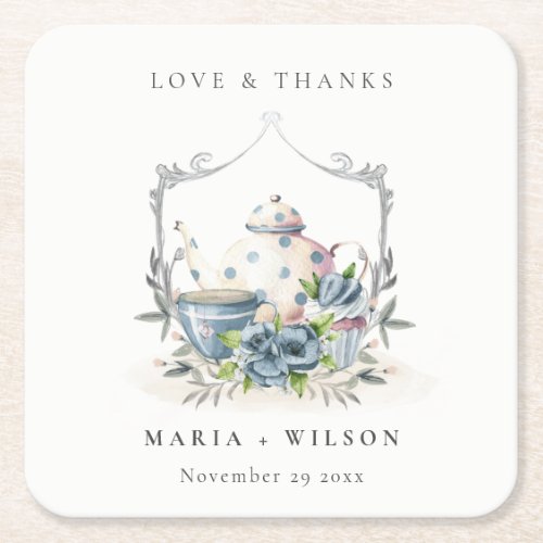 Elegant Cute Aqua Blue floral Teapot Cup Wedding Square Paper Coaster