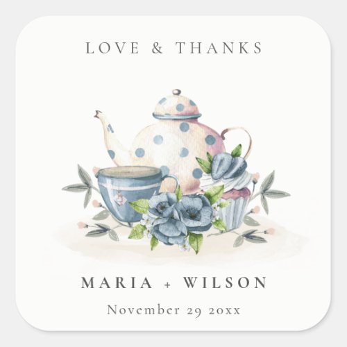 Elegant Cute Aqua Blue Floral Teapot Cup Wedding Square Sticker