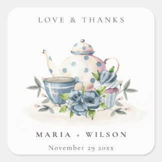 Elegant Cute Aqua Blue Floral Teapot Cup Wedding Square Sticker