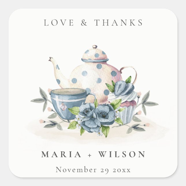 Elegant Cute Aqua Blue Floral Teapot Cup Wedding Square Sticker (Front)