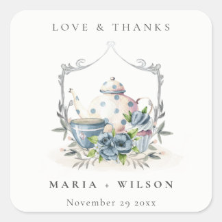 Elegant Cute Aqua Blue floral Teapot Cup Wedding Square Sticker