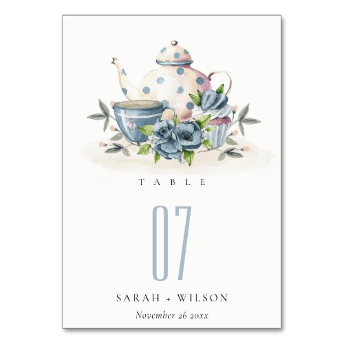 Elegant Cute Aqua Blue floral Teapot Cup Wedding Table Number