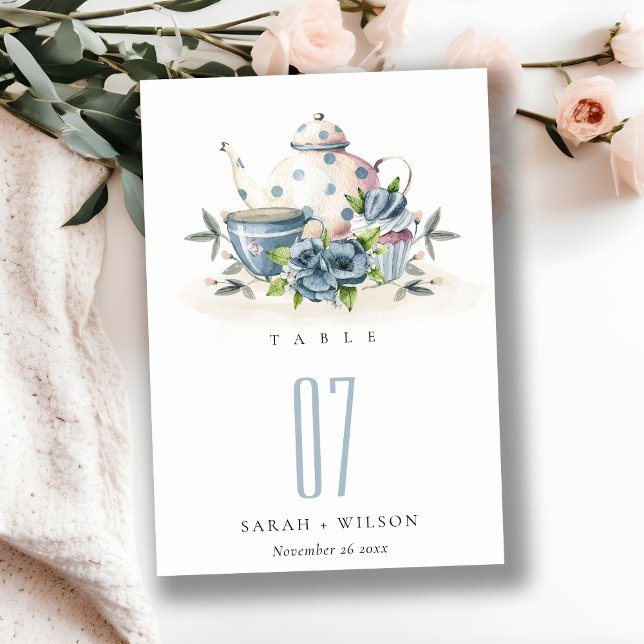 Elegant Cute Aqua Blue floral Teapot Cup Wedding Table Number (Creator Uploaded)