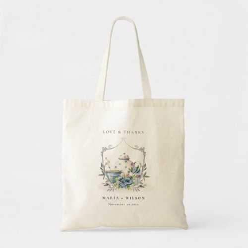 Elegant Cute Aqua Blue floral Teapot Cup Wedding Tote Bag