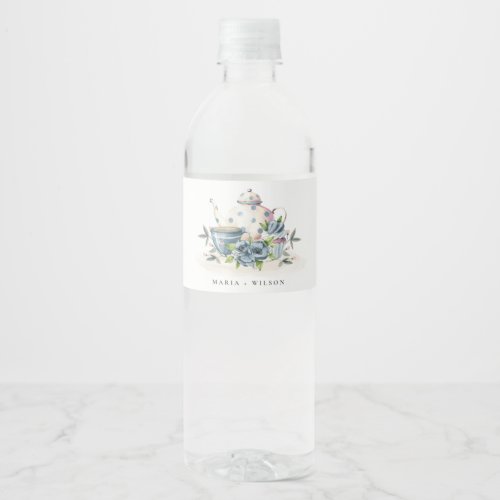 Elegant Cute Aqua Blue Floral Teapot Cup Wedding Water Bottle Label