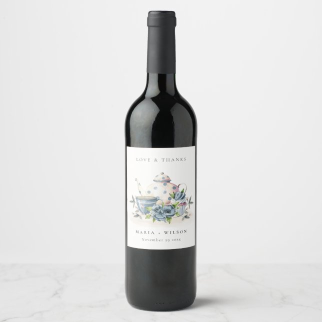 Elegant Cute Aqua Blue Floral Teapot Cup Wedding Wine Label (Front)