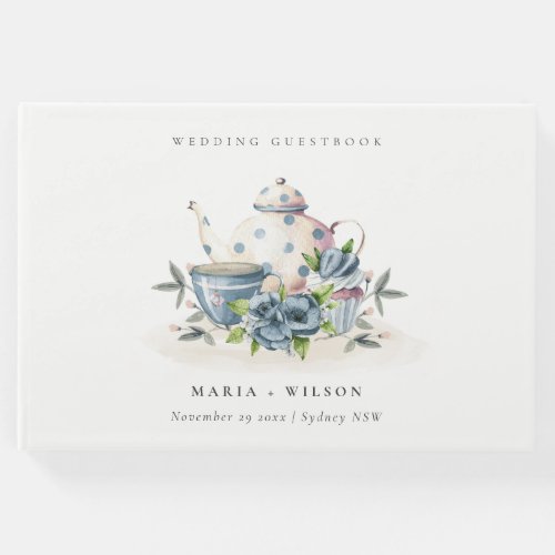 Elegant Cute Aqua Blue Floral Teapot Cups Wedding Guest Book