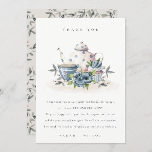 Elegant Cute Aqua Blue Floral Teapot Cups Wedding Thank You Card