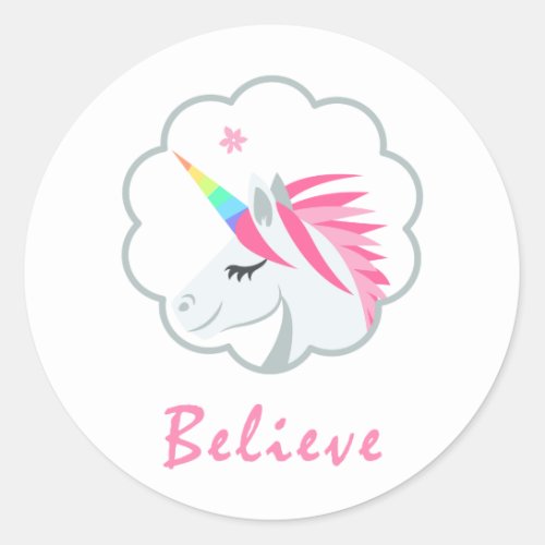 elegant cute believe in unicorns emoji classic round sticker