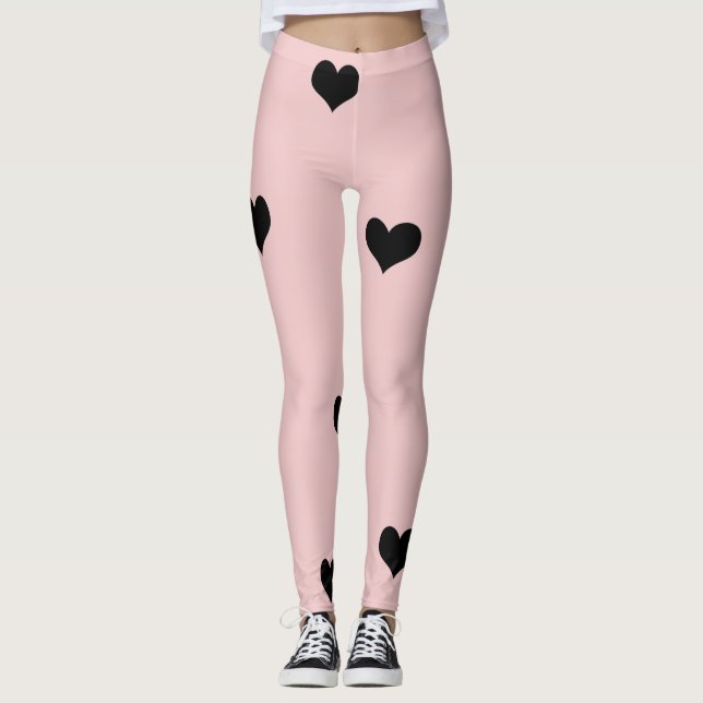 Elegant cute black & blush pink heart pattern leggings (Front)