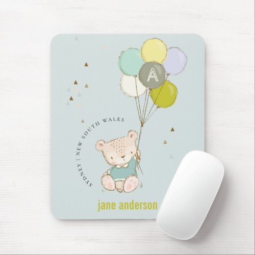 Elegant Cute Blue Bear Balloon Boys Monogram Mouse Pad