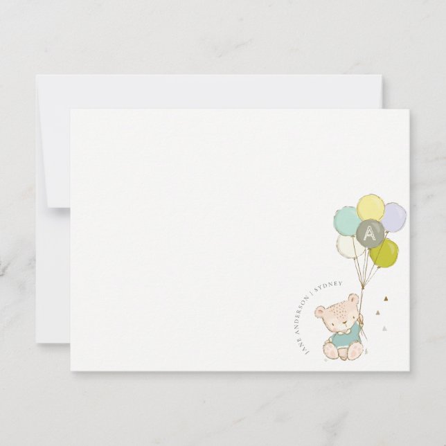 Elegant Cute Blue Bear Balloon Boys Monogram Note Card (Front)