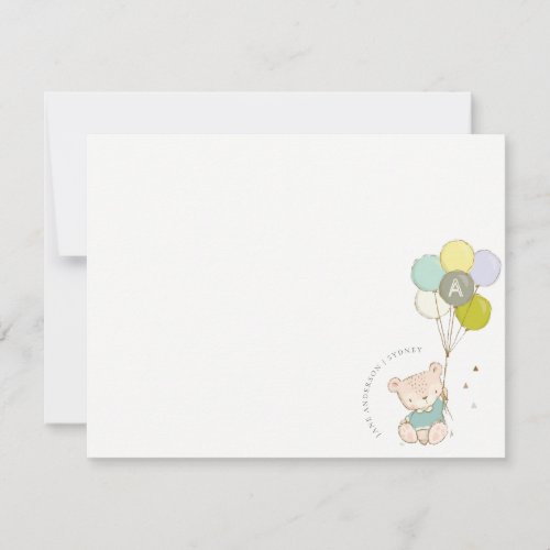 Elegant Cute Blue Bear Balloon Boys Monogram Note Card