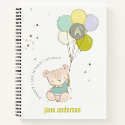 Elegant Cute Blue Bear Balloon Boy&#39;s Monogram Notebook