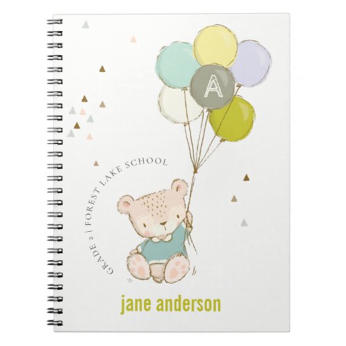 Elegant Cute Blue Bear Balloon Boys Monogram Notebook