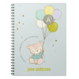 Elegant Cute Blue Bear Balloon Boys Monogram Notebook
