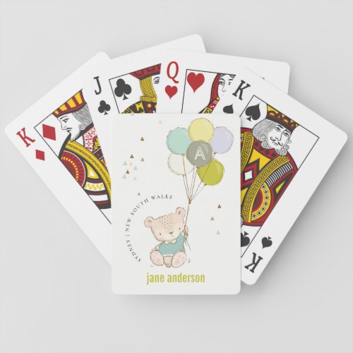 Elegant Cute Blue Bear Balloon Boys Monogram Poker Cards