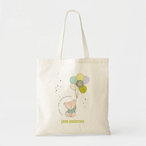 Elegant Cute Blue Bear Balloon Boys Monogram Tote Bag