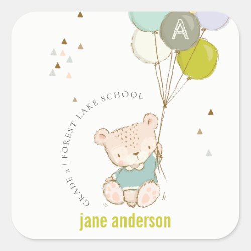 Elegant Cute Blue Bear Balloon Kids Monogram Square Sticker
