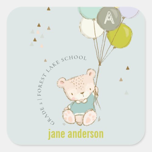 Elegant Cute Blue Bear Balloon Kids Monogram Square Sticker